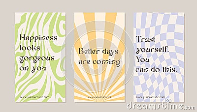 Set of social media ig story templates with motivational positive quotes. Vintage wavy distorted backgrounds with Vector Illustration
