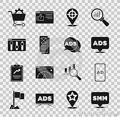 Set Social media marketing, Advertising, Target sport, Browser window, setting, Shopping cart and icon. Vector Vector Illustration