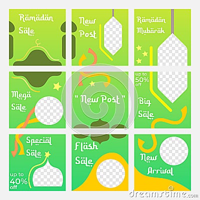 Set of social media post puzzle templates with green ramadan theme Vector Illustration