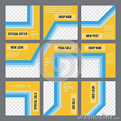 Set of social media post puzzle templates with yellow color and triple stripe Vector Illustration