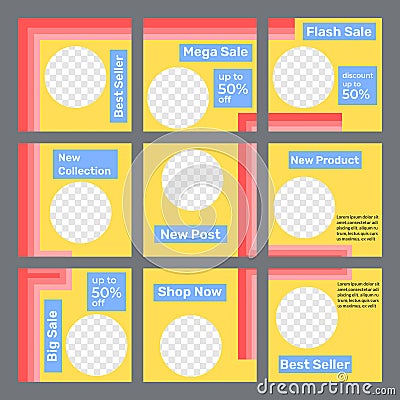 Set of social media post puzzle templates in yellow and straight lines Vector Illustration