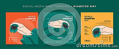 Set of social media post template with hand and glucometer in cartoon design for diabetes day design Vector Illustration