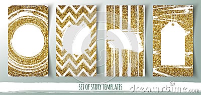Set of social media story templates, banners with gold glitter background and place for message, vector illustration Vector Illustration