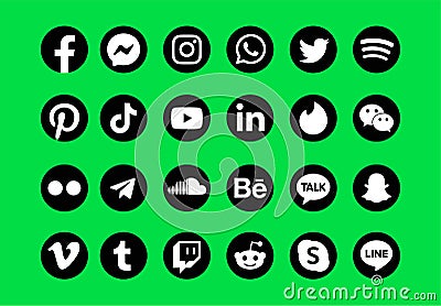 The set of social media vector icons on a fluorescent green background Vector Illustration