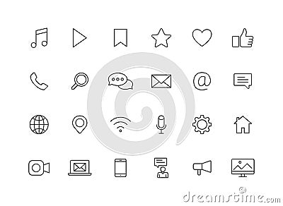 Set of 24 Social Media web icons in line style. Contact, digital, social networks, technology, website. Vector illustration Vector Illustration