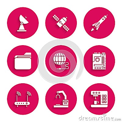 Set Social network, Robotic robot arm hand factory, Coffee machine, Motherboard, Router wi-fi signal, Document folder Vector Illustration
