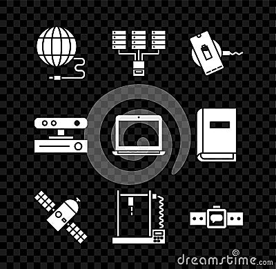 Set Social network, Server, Data, Web Hosting, Wireless charger, Satellite, 3D printer, Smartwatch, Motion sensor and Vector Illustration