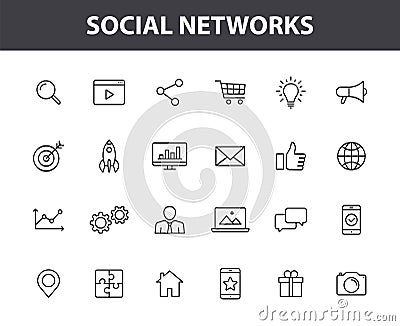 Set of 24 Social Networks web icons in line style. Marketing, feedback, management, target, like, content. Vector illustration Vector Illustration
