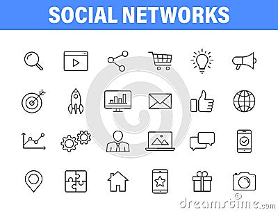 Set of 24 Social Networks web icons in line style. Marketing, feedback, management, target, like, content. Vector Vector Illustration