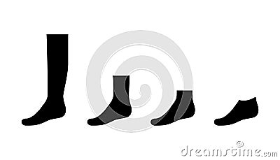 Set sock for man from long to short, black silhouette template. Sport and regular sock. Mockup clothes side view. Vector Vector Illustration