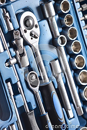 Set of socket wrench in plastic box Stock Photo