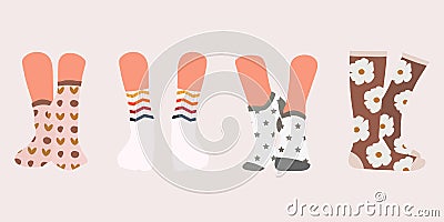 Set of socks in a different pattern. Collection of stylish cotton and woolen socks with different textures isolated on white Vector Illustration