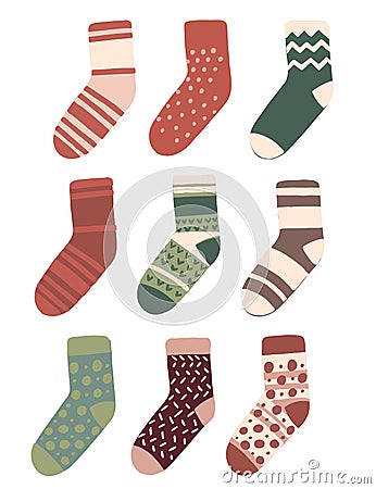 Set of socks with the original design flat vector illustration isolated on white background Cartoon Illustration