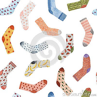 Set of socks on a white background seamless pattern. Print drawn with pencils on paper. Cozy autumn and winter illustration. New Cartoon Illustration