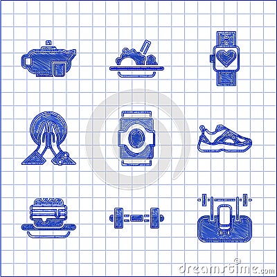 Set Soda can, Dumbbell, Bench with barbel, Sport sneakers, Junk food, Meditation, Smart watch and Teapot cup icon Vector Illustration