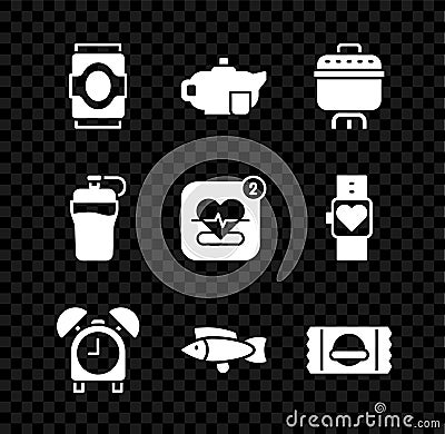 Set Soda can, Teapot with cup, Cooking, Alarm clock, Fish, Sports nutrition, Fitness shaker and Mobile heart rate icon Vector Illustration