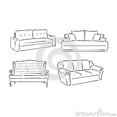 Set of sofas drawings sketch style, vector illustration. sofa vector sketch illustration Cartoon Illustration