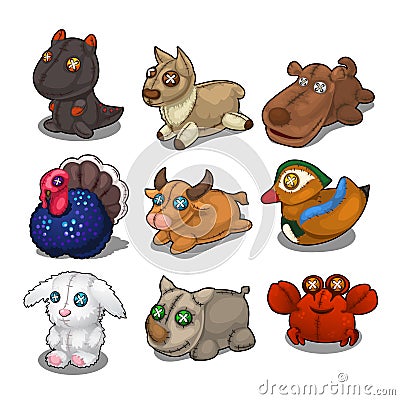 Set of soft toys from different birds and animals Vector Illustration