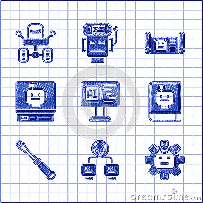 Set Software, Artificial intelligence, Robot, User manual, Screwdriver, blueprint and Mars rover icon. Vector Vector Illustration