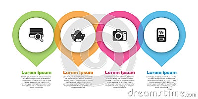 Set Soil analysis, Earth core structure crust, Photo camera and Seismograph. Business infographic template. Vector Vector Illustration