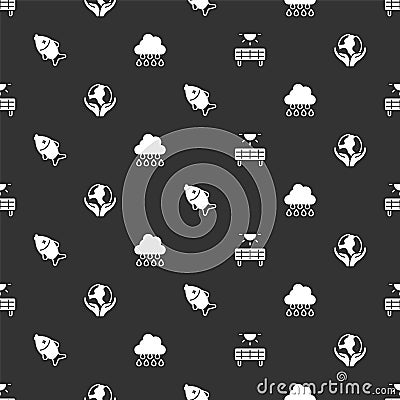 Set Solar energy panel, Hand holding Earth globe, Dead fish and Cloud with rain on seamless pattern. Vector Stock Photo
