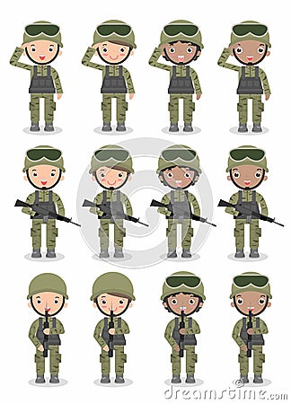Set of soldiers. men and women. flat cartoon character design on white background Vector Illustration