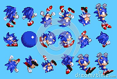 Set 1 of Sonic moves, art of Sonic the Hedgehog 3 classic video game, pixel design vector illustration Vector Illustration