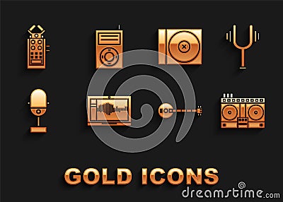 Set Sound or audio recorder on laptop, Musical tuning fork, DJ remote playing and mixing music, Banjo, Microphone, CD Vector Illustration