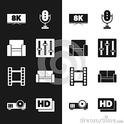 Set Sound mixer controller, Cinema chair, Screen tv with 8k, Microphone, Play Video, Hd movie, tape, frame and Media Vector Illustration