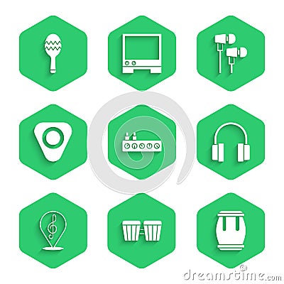 Set Sound mixer controller, Drum, Headphones, Treble clef, Guitar pick, Air headphones and Maracas icon. Vector Vector Illustration