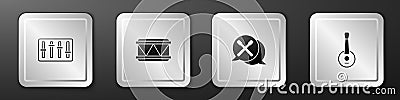 Set Sound mixer controller, Drum, sticks and Banjo icon. Silver square button. Vector Vector Illustration