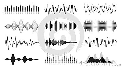 Set of sound waves. Analog and digital line waveforms. Musical sound waves, equalizer and recording concept Vector Illustration