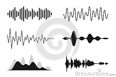 Set of sound waves. Analog and digital line waveforms. Musical sound waves, equalizer and recording concept. Electronic sound Vector Illustration