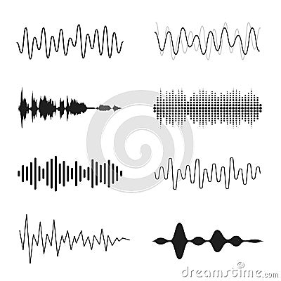 Set of sound waves. Analog and digital line waveforms. Musical sound waves, equalizer and recording concept Vector Illustration