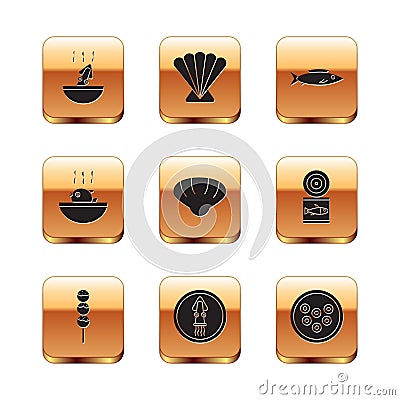 Set Soup with octopus, Takoyaki on a stick, Octopus plate, Scallop sea shell, Puffer fish soup, Fish, Caviar and icon Vector Illustration