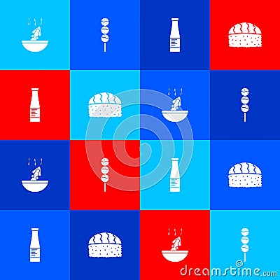 Set Soup with octopus, Takoyaki on a stick, Sauce bottle and Sushi icon. Vector Vector Illustration