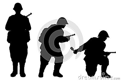 Set of Soviet unions soldier with a rifle gun during world war 2 silhouette vector Vector Illustration
