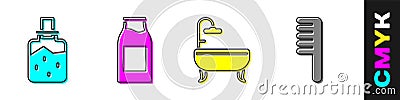 Set Spa salt, Bottle with milk, Bathtub and Hairbrush icon. Vector Vector Illustration