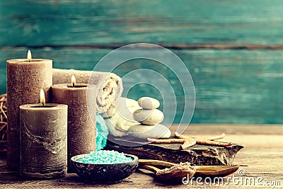 Set for spa treatments with cosmetic products for body care and relaxation Stock Photo