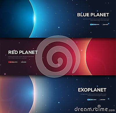 Set of Space banners. Space Shuttle. Mars, Earth, Exoplanet. Astronomical galaxy space background. Vector Illustration. Vector Illustration