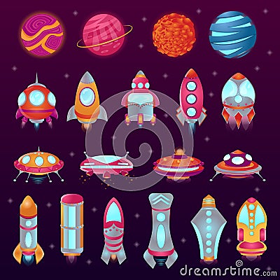 Set of space colorful cartoon icons. Planets, rockets, ufo, flying saucers. Vector Illustration