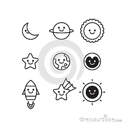 Set of space and galaxy objects icon design on white background, cute vector and minimal style Stock Photo