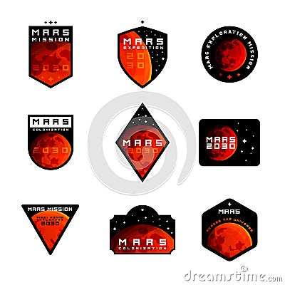 Set of Space mission to Mars vector logos Vector Illustration