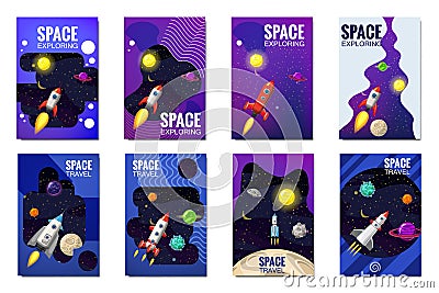 Set space rocket travel cards, exploration of the universe, other planets, flying rockets, stars of distant galaxies Vector Illustration