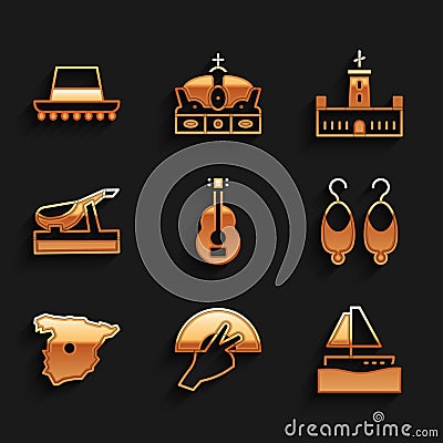 Set Spanish guitar, Fan flamenco, Yacht sailboat, Earrings, Map of Spain, jamon, Montjuic castle and hat icon. Vector Vector Illustration