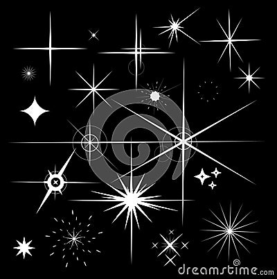 Set of Sparkles Star Vector. Sparkle white symbols on black back Vector Illustration