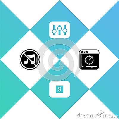 Set Speaker mute, Stop media button, Sound mixer controller and Online play video icon. Vector Vector Illustration