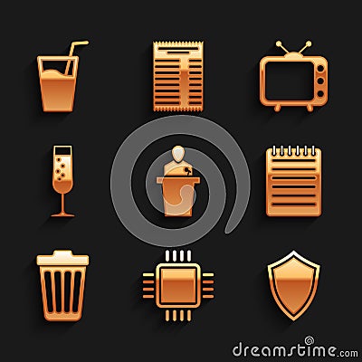 Set Speaker, Processor with CPU, Shield, Notebook, Trash can and Glass of champagne icon. Vector Vector Illustration