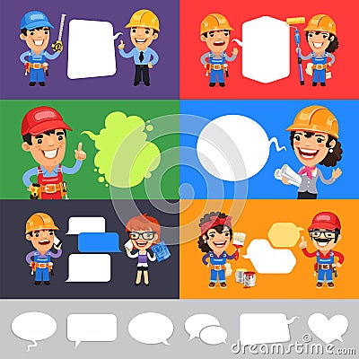 Set of a Speaking Cartoon Builders Vector Illustration