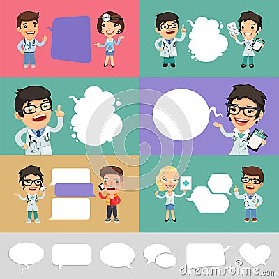 Set of a Speaking Cartoon Doctors Vector Illustration